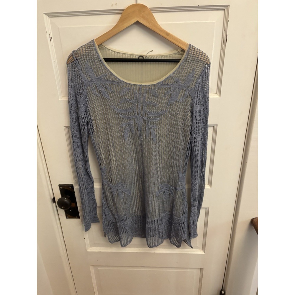One Girl Who Blue Open Knit Sweater Linen Blend Lined Long Sleeves‎ Size Medium